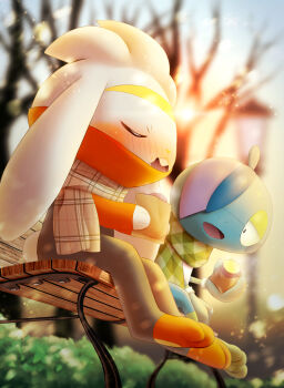 absurdres bag bare_tree bench blurry blurry_background blush bush closed_eyes clothed_pokemon commentary_request drizzile eating fang from_below gen_8_pokemon highres holding mittens nintendo open_mouth paper_bag plaid_clothes plaid_scarf pokemon pokemon_(creature) purobe raboot scarf sitting smile toes tongue tree