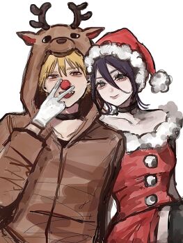 1boy 1girl animal_costume black_choker black_thighhighs blonde_hair breasts chainsaw_man choker closed_mouth denji_(chainsaw_man) dress fur-trimmed_dress fur_trim gloves green_eyes grenade_pin hair_between_eyes hat highres leigh_113n medium_breasts medium_hair open_mouth purple_hair red_dress red_eyes red_nose reindeer_costume reze_(chainsaw_man) santa_costume santa_dress santa_hat sharp_teeth short_hair smile teeth thighhighs v white_gloves