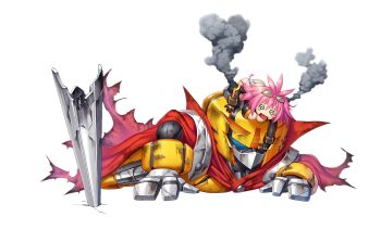 1girl @_@ armor asahi ass blush_stickers breast_press breasts broken broken_armor broken_weapon cape cleavage defeat dizzy elbow_gloves fang full_armor gloves goggles goggles_on_head huge_ass huge_breasts injury lilith-soft lying mecha moaning on_stomach open_mouth panties pilot pink_hair rene_(taimanin_asagi) revealing_clothes robot ryona shiny_skin skin_fang taimanin_(series) taimanin_rpgx thong transparent_background underwear weapon