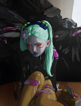 1girl absurdres aftersex aqua_hair artificial_eye black_shirt blue_lips brown_pants colored_sclera colored_skin condom cum cum_on_body cum_on_clothes cum_on_hair cumdrip cyberpunk_(series) cyberpunk:_edgerunners diathorn facial female_focus hairband highres lips lipstick long_hair looking_at_viewer makeup mechanical_eye multiple_condoms nose on_floor pants rebecca_(cyberpunk) red_pupils red_sclera shirt shirt_tucked_in sitting solo tissue tissue_box trash_bag twintails used_condom white_skin