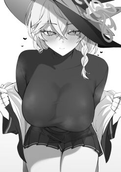 1girl absurdres blue_archive braid breasts closed_mouth commentary_request eri_(blue_archive) greyscale hair_between_eyes halo hat heart highres huge_breasts jewelry long_hair looking_at_viewer monochrome multiple_rings nannann pleated_skirt ring shirt simple_background single_braid skirt smile solo white_background witch_hat
