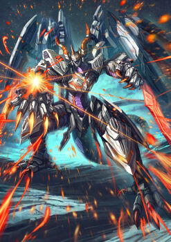 absurdres armor creature dragon dragon_girl dragon_horns dragon_wings fantasy fire full_body highres horns mecha mechanical_horns monster no_humans non-humanoid_robot original robot robot_dragon robuja scenery western_dragon wings
