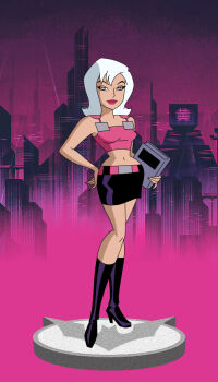 batman_(series) batman_beyond belt blade_(batman_beyond) book character_request dc_comics dcau high_heel_boots holding holding_book pink_belt pink_top skirt white_hair
