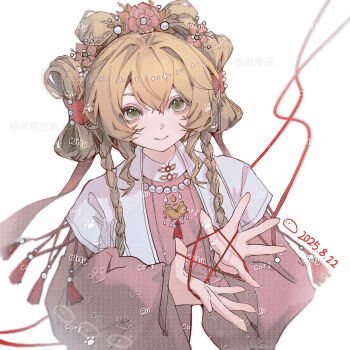 1girl blonde_hair bow-shaped_hair braid cat&#039;s_cradle chinese_clothes closed_mouth commission cropped_torso dated flower green_eyes hair_flower hair_ornament hands_up hanfu highres holding holding_string jewelry long_hair long_sleeves looking_at_viewer low_twin_braids necklace official_alternate_costume pearl_necklace pink_flower pink_hanfu puffy_long_sleeves puffy_sleeves reverse:1999 shuangyaji smile solo sotheby sotheby_(the_red_thread_of_fate) string twin_braids upper_body watermark yiyi_jiang_si_le