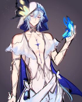 1boy bare_shoulders blue_butterfly blue_hair blue_veil bug butterfly chromatic_aberration clothing_cutout colored_eyelashes commentary_request dress genderswap genderswap_(ftm) hair_between_eyes hand_up highres insect jhenny345 looking_at_viewer male_focus medium_hair purple_eyes shorekeeper_(wuthering_waves) shoulder_cutout solo spanish_commentary toned toned_male two-tone_veil upper_body veil white_dress white_veil wuthering_waves