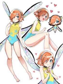 1girl absurdres barefoot blue_leotard chibi chibi_inset commentary covered_navel fairy fairy_wings feet from_side full_body gallica_(metaphor:_refantazio) hair_over_one_eye hairband heart heart_hands highres leotard looking_at_viewer metaphor:_refantazio multicolored_leotard multiple_views open_mouth pointy_ears simple_background soungo_(3111248) toes two-tone_leotard upper_body white_background wings yellow_leotard
