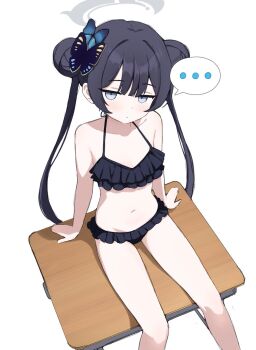 ... :/ alternate_costume arm_support bare_arms bare_legs bare_shoulders bikini black_bikini black_hair blue_archive butterfly_hair_ornament closed_mouth collarbone desk dot_nose double_bun expressionless feet_out_of_frame frilled_bikini frills grey_eyes grey_halo hair_between_eyes hair_bun hair_ornament halo highres kisaki_(blue_archive) loli long_hair looking_at_viewer navel noiriririri on_desk school_desk simple_background sitting solo spoken_ellipsis stomach swimsuit thighs twintails twitter very_long_hair white_background