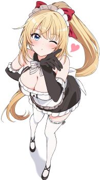 1girl absurdres apron ariantaria back_bow bare_shoulders black_dress black_gloves blonde_hair blowing_kiss blue_eyes blush bow breasts cleavage commentary_request detached_sleeves dress from_above gloves hair_bow hair_ornament hand_on_own_hip heart highres large_breasts long_hair looking_at_viewer maid maid_apron maid_headdress ponytail red_bow saeki_ritsuka shadow smile solo sousai_shoujo_teien thighhighs very_long_hair white_background