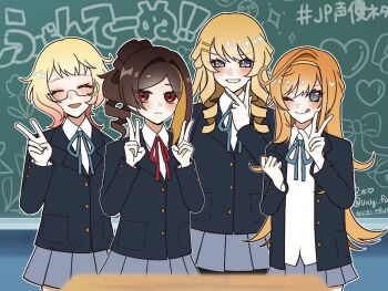 4girls :d ;q akiyama_mio akiyama_mio_(cosplay) alternate_costume blazer blonde_hair blue_eyes blue_ribbon blush brown_hair chalkboard chiori_(genshin_impact) closed_eyes closed_mouth collared_shirt cosplay cowboy_shot double_v drill_hair emilie_(genshin_impact) escoffier_(genshin_impact) genshin_impact glasses green_eyes grey_skirt grin hair_ornament hairband hairclip heart hikasa_youko hirasawa_yui hirasawa_yui_(cosplay) jacket k-on! long_hair long_sleeves looking_at_viewer medium_hair multicolored_hair multiple_girls nakano_azusa nakano_azusa_(cosplay) navia_(genshin_impact) neck_ribbon one_eye_closed open_mouth orange_hair outline pleated_skirt red_eyes red_ribbon ribbon sakuragaoka_high_school_uniform satou_satomi school_uniform semi-rimless_eyewear shirt skirt smile streaked_hair tainaka_ritsu tainaka_ritsu_(cosplay) taketatsu_ayana tongue tongue_out toyosaki_aki twitter_username utugi_fa v voice_actor_connection white_outline white_shirt yellow_hairband