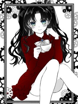 Rule 34 | 1girl, absurdres, aqua eyes, ascot, bare legs, black hair, blush, breasts, closed mouth, commentary request, cup, dress, fate/stay night, fate (series), gears, hair ribbon, hand up, highres, holding, holding cup, long hair, long sleeves, looking at viewer, marimohu starry, parted bangs, red dress, ribbon, short dress, sitting, smile, solo, teacup, thighs, tohsaka rin, two side up, very long hair, wavy hair, white ascot