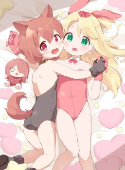 2girls animal_ears ass backless_leotard black_footwear black_gloves black_leotard blonde_hair blush boots bow bowtie brown_collar brown_hair character_doll collar commentary covered_navel detached_collar dog_ears dog_tail doll dot_nose fake_animal_ears fang feet_out_of_frame female_focus fur-trimmed_boots fur-trimmed_gloves fur_trim gloves green_eyes groin hair_bow highleg highleg_leotard highres himesaka_noa holding_hands hoshino_hinata hoshino_miyako_(wataten) kemonomimi_mode leotard loli long_hair looking_at_viewer lying makuran multiple_girls on_back open_mouth pink_bow pink_bowtie pink_gloves pink_leotard playboy_bunny rabbit_ears red_eyes short_hair strapless strapless_leotard tail watashi_ni_tenshi_ga_maiorita! yuri