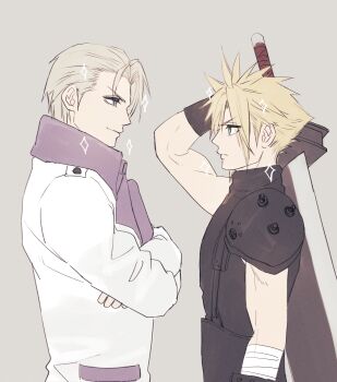 2boys ah_yoshimizu armor black_sweater blonde_hair blue_eyes buster_sword closed_mouth cloud_strife coat commentary_request crossed_arms final_fantasy final_fantasy_vii final_fantasy_vii_remake from_side grey_background highres looking_at_another male_focus multiple_boys profile rufus_shinra short_hair shoulder_armor sleeveless sleeveless_turtleneck sparkle spiked_hair sweater sword sword_on_back turtleneck turtleneck_sweater upper_body weapon weapon_on_back white_coat