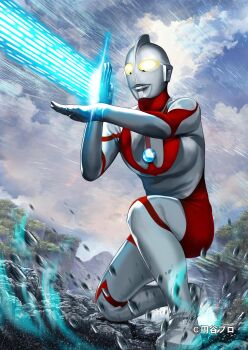 absurdres alien energy energy_beam epic feelone glowing glowing_eyes ground_shatter highres kneeling looking_ahead no_humans on_one_knee particle_beam particles solo spacium_beam superhero_costume tokusatsu tsuburaya_productions ultra_beam ultra_series ultraman ultraman_(1st_series) yellow_eyes