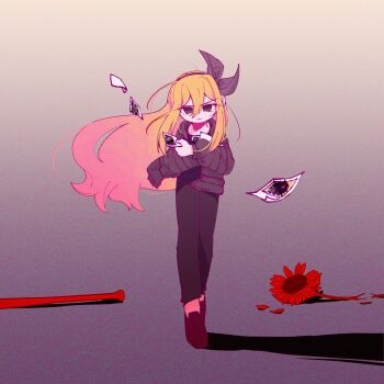 1girl alternate_costume alternate_hair_color aubrey_(faraway)_(omori) aubrey_(omori) bad_id bad_twitter_id baseball_bat black_eyes black_hairband black_pants black_shoes blonde_hair closed_mouth double-parted_bangs flower full_body gradient_hair hair_between_eyes hairband highres holding holding_photo long_hair long_sidelocks long_sleeves looking_at_viewer morivivi3 multicolored_hair omori pants photo_(object) pink_hair shoes sidelocks solo sunflower third-party_source two-tone_hair