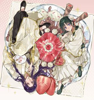 1boy 1girl baggy_pants black_pants black_shirt blue_eyes blunt_bangs blush bun_cover chinese_clothes commentary double_bun dress fancy_dessert flats food freckles fruit full_body gold_trim green_hair green_shoes hair_bun hair_tubes half_updo highres holding holding_plate jinshi_(kusuriya_no_hitorigoto) kusuriya_no_hitorigoto long_hair maomao_(kusuriya_no_hitorigoto) pants parted_bangs pink_eyes plate pudding purple_hair robe shirt shoes smile strawberry symbol-only_commentary utensil_in_mouth white_dress white_robe yuikisezu