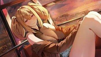 1girl blush breasts cleavage closed_mouth ferris_wheel_interior game_asset hair_between_eyes hair_ornament hairclip highres large_breasts long_sleeves looking_at_viewer non-web_source off_shoulder official_art open_clothes outdoors red_eyes s.u._(simpleu818) self-datamine shinonome_ayano shorts sidelocks sitting solo summer_clover sunset twintails