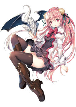 1girl black_dress black_ribbon black_thighhighs boots bow bowtie breasts brown_boots commentary_request dragon dress eco_(dragonar) full_body hair_ribbon hand_up high_heel_boots high_heels highres jacket juliet_sleeves long_hair long_sleeves looking_at_viewer open_clothes open_jacket open_mouth pink_eyes pink_hair platform_boots pleated_dress puffy_sleeves red_bow red_bowtie ribbed_dress ribbon school_uniform seikoku_no_dragonar shimesaba_kohada short_dress sleeve_cuffs small_breasts thighhighs very_long_hair white_background zettai_ryouiki