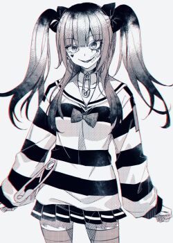 1girl amemiya_darumi arms_at_sides ben-day_dots bow choker commentary_request facial_mark greyscale grin hair_bow heart heart_facial_mark highres long_hair looking_at_viewer makeup miniskirt monochrome multicolored_hair roots_(hair) runny_makeup safety_pin sailor_collar screentones sgawarananto simple_background skirt smile solo striped_clothes the_hundred_line_-last_defense_academy- thighhighs twintails
