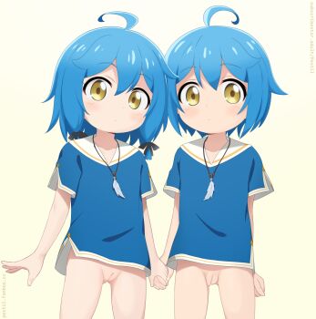 1boy 1girl ahoge allen_(isekai_yururi_kikou) blue_hair blue_shirt bottomless brother_and_sister cleft_of_venus closed_mouth commentary cowboy_shot elena_(isekai_yururi_kikou) expressionless fanbox_username flaccid foreskin gradient_background highres holding_hands isekai_yururi_kikou:_kosodate_shinagara_boukensha_shimasu jewelry loli looking_at_viewer medium_hair necklace paid_reward_available penis pestil pussy shirt short_sleeves shota siblings side-by-side simple_background small_penis subscribestar_username tareme twins uncensored watermark web_address yellow_eyes