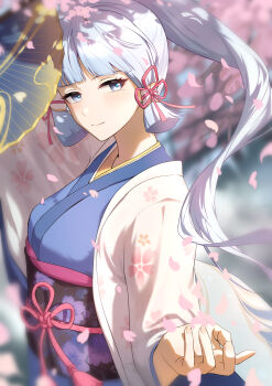 1girl absurdres alternate_costume ayaka_(genshin_impact) blackuey blue_eyes blue_hair blue_kimono blue_pupils blurry blurry_background breasts cherry_blossoms closed_mouth commentary_request falling_petals floating_hair genshin_impact hand_fan haori highres holding holding_fan japanese_clothes kimono long_hair looking_at_viewer medium_breasts obi obiage obijime offering_hand outdoors petals ponytail sash smile solo upper_body white_haori