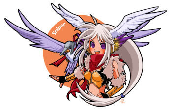 1girl 2000s_(style) 2008 armband bird black_gloves black_shirt blush breasts character_name commentary_request crop_top fingerless_gloves fur-trimmed_gloves fur-trimmed_shirt fur_trim gloves gradient_wings grey_hair hawk head_wings long_hair looking_at_viewer multicolored_wings open_mouth purple_eyes purple_wings ragnarok_online red_scarf ryuu_(5lden_age) scarf shirt sleeveless sleeveless_shirt small_breasts smile sniper_(ragnarok_online) solo two-tone_gloves two-tone_shirt upper_body white_background wings yellow_gloves yellow_shirt yellow_wings