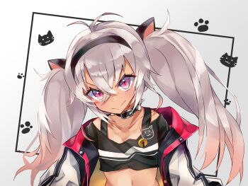 Rule 34 | 1girl, animal ears, black collar, black headband, black jacket, black shirt, cat ears, closed mouth, collar, cropped shirt, dark-skinned female, dark skin, fake animal ears, grey hair, headband, highres, horaizonu, jacket, long hair, looking at viewer, matsukai mao, matsukai mao (1st costume), nijisanji, purple eyes, shirt, smile, solo, spiked collar, spikes, twintails, virtual youtuber