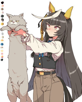 1girl animal animal_ears belt black_hair black_vest blush breasts brown_pants calstone_light_o_(casual)_(umamusume) calstone_light_o_(umamusume) cat closed_mouth commentary ear_covers holding holding_animal holding_cat horse_ears horse_girl horse_tail long_hair long_sleeves longcat_(meme) meme multicolored_hair orange_eyes pants shirt simple_background streaked_hair symbol-only_commentary tail toriga_naku umamusume vest white_background white_hair white_shirt yellow_eyes