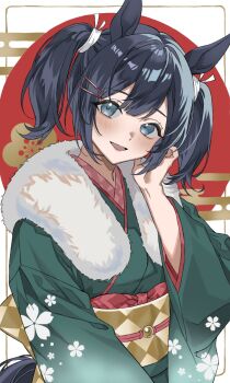 1girl 2026 animal_ears blue_eyes blue_hair blush breasts chinese_zodiac commentary_request fur_trim green_kimono hair_ornament hair_ribbon hairclip happy_new_year highres horse_ears horse_tail japanese_clothes kantai_collection kimono long_hair long_sleeves looking_at_viewer new_year obi open_mouth ribbon sash smile solo souryuu_(kancolle) tail twintails upper_body yakizakana_(sakana_u_u) year_of_the_horse
