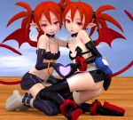 2girls 3d animated ass beanis boots breasts disgaea dual_persona etna_(disgaea) heart lowres miniskirt multiple_girls red_eyes red_hair skirt small_breasts smile thigh_boots thighhighs twintails video
