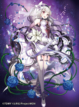 1girl alfou_(wixoss) bare_shoulders beamed_eighth_notes beamed_sixteenth_notes black_hair blue_flower blue_petals blue_rose braid breasts chachie copyright_notice covered_navel crossed_legs detached_sleeves dress eighth_note flower gloves grey_hair grey_thighhighs hair_flower hair_ornament hairband highres holding holding_sword holding_weapon long_hair multicolored_hair musical_note official_art open_mouth pink_petals purple_hairband quarter_note red_eyes rose sheath shoes single_braid solo standing sword thighhighs unsheathing veil very_long_hair weapon white_dress white_gloves white_petals white_shoes wixoss