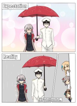 4girls absurdres anger_vein azur_lane cleveland_(azur_lane) columbia_(azur_lane) commander_(azur_lane) denver_(azur_lane) eyewear_on_head gekkan_shoujo_nozaki-kun grey_hair hat highres holding holding_umbrella military_uniform montpelier_(azur_lane) multiple_girls naval_uniform ozawa_ari parody peaked_cap rain shaded_face shared_umbrella siblings sisters sweatdrop umbrella voice_actor_connection white_hat you're_doing_it_wrong yuto_akaji