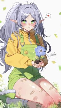 1girl :&lt; alternate_costume artist_name bandaid bandaid_on_finger bandaid_on_hand bandaid_on_thigh blue_flower blush commentary english_commentary flower frieren grass green_eyes green_overalls green_shoes grey_hair heart highres holding holding_flower kneeling long_hair long_pointy_ears long_sleeves looking_at_viewer noodychaan overalls parted_bangs pointy_ears seiza shoes sitting solo sousou_no_frieren speech_bubble spoken_heart sweater thighs turtleneck turtleneck_sweater twitter_username white_background yellow_sweater zipper zipper_pull_tab