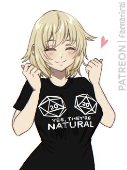 1girl blonde_hair breasts closed_eyes d20_(die) dice dungeon_meshi faenatical falin_touden falin_touden_(tallman) heart highres large_breasts polyhedral_dice print_shirt shirt short_hair smile solo text_print white_background
