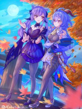 2girls autumn_leaves bare_shoulders blue_hair book breasts cone_hair_bun detached_sleeves dress ganyu_(genshin_impact) genshin_impact grey_pantyhose hair_bun hand_up high_heels highres holding holding_book horns kani_(mabatakishiro) keqing_(genshin_impact) keqing_(opulent_splendor)_(genshin_impact) leaf long_hair long_sleeves looking_at_another medium_breasts multiple_girls night night_sky official_alternate_costume open_mouth outdoors pantyhose purple_eyes purple_hair short_dress short_sleeves sky smile strapless strapless_dress twintails very_long_hair
