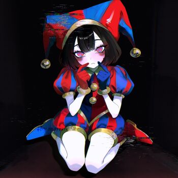 1girl artist_name asymmetrical_footwear asymmetrical_gloves black_hair blue_eyes blue_gloves blue_shoes blush_stickers closed_mouth colored_skin commentary double-parted_bangs english_commentary fingers_to_cheeks frown glitch gloves gold_trim hat hat_bell highres jester jester_cap jester_costume makeup marixielumos mismatched_footwear mismatched_gloves multicolored_eyes pomni_(the_amazing_digital_circus) puffy_short_sleeves puffy_shorts puffy_sleeves red_eyes red_gloves red_shoes runny_makeup shoes short_hair short_sleeves shorts sitting solo striped_clothes striped_headwear the_amazing_digital_circus two-tone_eyes two-tone_hat vertical-striped_clothes vertical-striped_headwear wariza white_skin