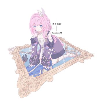 1girl asadane12 blue_eyes breasts coat commentary_request cyrene_(honkai:_star_rail) cyrene_(philia093)_(honkai:_star_rail) dress hair_ornament highres honkai:_star_rail honkai_(series) jewelry looking_at_viewer multicolored_hair necklace picture_frame pink_hair purple_coat short_hair simple_background sitting small_breasts smile solo twitter_username two-tone_hair wariza white_background white_dress white_hair