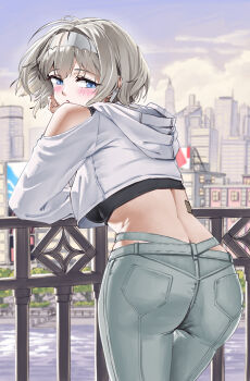 1girl alternate_costume ass bare_shoulders blue_eyes blush breasts city cityscape earphones from_behind goddess_of_victory:_nikke grey_hair hair_intakes hairband hp/1598 leaning leaning_forward looking_at_viewer looking_back medium_breasts off-shoulder_shirt off_shoulder official_alternate_costume pants prika_(cool_paprika)_(nikke) prika_(nikke) shirt short_hair sideboob solo
