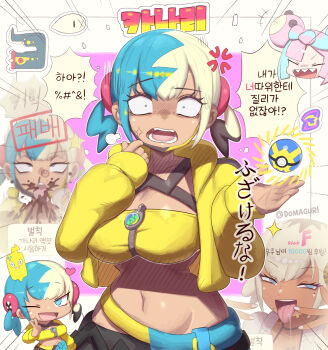 2girls alternate_breast_size_(larger) angry breasts canari_(pokemon) curvy dark-skinned_female dark_skin domaguri eelektross emphasis_lines gen_5_pokemon gyaru highres iono_(pokemon) large_breasts looking_at_viewer multicolored_hair multiple_girls multiple_views nintendo poke_ball pokemon pokemon_legends:_z-a pokemon_sv quick_ball shiny_skin translation_request twintails two-tone_hair wide_hips