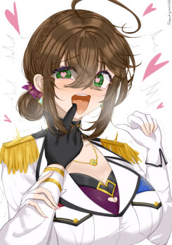Rule 34 | ahoge, black gloves, blush, bra, braid, breast pocket, breasts, brown hair, chamumi (mochiumee), epaulettes, female admiral (kancolle), finger in another's mouth, fingerless gloves, gloves, grabbing another's arm, green eyes, heart, heart-shaped pupils, jacket, jewelry, kantai collection, large breasts, looking at viewer, military uniform, mole, mole under mouth, necklace, open mouth, pocket, ponytail, sidelocks, symbol-shaped pupils, underwear, white gloves, white jacket