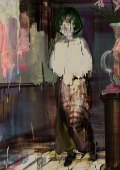 Rule 34 | 1girl, abstract, absurdres, alternate costume, brush stroke, cloak, commentary request, covered face, dissolving, facing viewer, flower, full body, green hair, highres, hotoke party, indoors, kazami yuuka, long skirt, plaid clothes, plaid skirt, red skirt, short hair, skirt, solo, touhou, vase, walking, white cloak