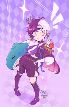 1girl androgynous animal animal_on_shoulder antenna_hair artist_name black_boots black_hair black_shorts blue_eyes blush boots bright_pupils brooch chibigaia closed_mouth clothed_animal commentary crown earrings english_commentary epaulettes eyelashes full_body gloves hand_on_own_hip heterochromia highres holding holding_stuffed_toy ikea_shark indie_virtual_youtuber jewelry looking_at_viewer multicolored_hair notice_lines ouji_fashion perspective red_eyes rin_penrose scarf shirt short_hair shorts single_epaulette smile snail snebby_(rin_penrose) sparkle split-color_clothes split-color_hair standing stuffed_animal stuffed_shark stuffed_toy two-tone_shirt v-shaped_eyebrows virtual_youtuber white_gloves white_hair white_pupils yellow_scarf