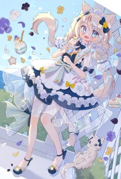 Rule 34 | 1girl, :3, :d, animal, animal ear fluff, animal ears, blonde hair, blue bow, blue bowtie, blue dress, blue eyes, blue shoes, blue streaks, blush, bow, bowtie, cat, cat ears, cat girl, cat tail, commentary, cup, day, dress, drinking glass, full body, hair bow, highres, holding, holding cup, long hair, looking at viewer, low twintails, multicolored hair, no socks, open mouth, original, outdoors, ribbon, see-through clothes, see-through sleeves, shoes, short sleeves, sleeve bow, smile, solo, standing, streaked hair, symbol-only commentary, tail, tail ornament, tail ribbon, tsukumi bis, twintails, twitter username