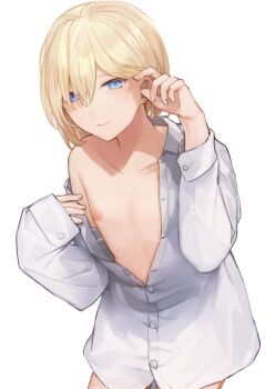 1boy adjusting_hair bandaid bandaids_on_nipples blonde-haired_boy_(sunaba_(nczd5875)) blonde_hair blue_eyes closed_mouth clothes_pull collarbone commentary_request cowboy_shot dress_shirt hair_between_eyes hair_over_one_eye hands_up highres leaning_forward long_sleeves looking_at_viewer male_focus medium_hair nipples original partial_commentary partially_unbuttoned pasties shirt shirt_pull simple_background single_bare_shoulder smile solo sunaba_(nczd5875) trap unbuttoned unbuttoned_shirt variant_set white_background white_shirt