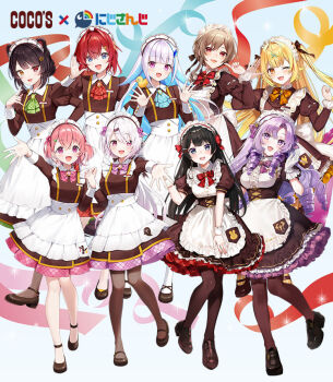 6+girls :d ahoge ange_katrina animal animal_ears animal_on_shoulder ankle_strap apron artist_request ascot bird bird_on_shoulder black_hair blonde_hair blue_ascot blue_eyes blue_gemstone blue_hair blunt_bangs blush bow bowtie breasts brooch brown_corset brown_dress brown_hair brown_pantyhose brown_ribbon brown_shoes coco&#039;s collared_dress colored_inner_hair copyright_name corset crossed_bangs curtained_hair dog_ears dress drill_hair drill_sidelocks earrings fang fangs flats flower frilled_apron frilled_dress frilled_gloves frilled_hairband frilled_sleeves frills furen_e_lustario gem gloves green_ascot green_gemstone group_picture hair_between_eyes hair_flower hair_intakes hair_ornament hair_ribbon hairband hairclip hairpin hands_up head_tilt heterochromia hoshikawa_sara hyakumantenbara_salome inui_toko jewelry juliet_sleeves lize_helesta loafers long_dress long_hair long_sidelocks long_sleeves looking_at_viewer low_block_heels maid maid_apron maid_headdress mary_janes medium_breasts medium_dress medium_hair mole mole_under_eye multicolored_hair multiple_girls multiple_hairpins name_tag nijisanji official_alternate_costume official_art one_eye_closed open_mouth orange_bow orange_bowtie orange_gemstone outstretched_arm pantyhose parted_bangs pink_bow pink_bowtie pink_eyes pink_gemstone pink_hair plaid_ascot plaid_bow plaid_bowtie plaid_clothes plaid_dress puffy_short_sleeves puffy_sleeves purple_bow purple_bowtie purple_eyes purple_gemstone purple_hair purple_hairband purple_ribbon red_ascot red_bow red_bowtie red_eyes red_gemstone red_hair red_hairband ribbon sanbaka_(nijisanji) sasaki_saku sebastian_piyodore second-party_source shiina_yuika shoes short_dress short_hair short_sleeves sidelocks single_earring sleeve_cuffs small_breasts smile spread_fingers standing standing_on_one_leg star_(symbol) star_in_eye streaked_hair swept_bangs symbol_in_eye teeth triangle_hair_ornament tsukino_mito two-tone_hair two_side_up underbust updo upper_teeth_only very_long_hair virtual_youtuber waist_apron waitress white_apron white_gloves white_hair white_headdress x_hair_ornament yellow_bird yellow_eyes