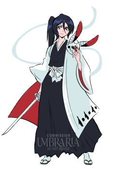 Rule 34 | 1girl, alternate universe, artist name, black hakama, bleach, bleach: epilogue, commentary, commission, full body, hakama, haori, highres, holding, holding mask, holding sword, holding weapon, hollow mask, japanese clothes, kuchiki rukia, long hair, mask, sandals, side ponytail, smile, socks, sode no shirayuki (shikai), solo, sword, taichou haori, umbra (edits umbra), watermark, weapon, white haori, white socks, wide sleeves