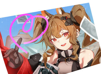 1girl :d angelina_(arknights) animal_ear_fluff animal_ears ao_oni_(onioni-aoi) arknights arknights:_endfield bare_shoulders belt black_belt black_gloves border breasts brown_hair close-up coat commentary_request diamond-shaped_pupils diamond_(shape) drawing_on_fourth_wall drawn_heart dress dutch_angle fox_ears fox_girl gilberta_(arknights) gloves grey_dress hair_between_eyes hair_intakes headpiece high_belt high_collar highres light_blush long_hair long_sidelocks long_sleeves looking_at_viewer medium_breasts off_shoulder open_mouth pointing polaroid_photo red_coat red_eyes sidelocks smile solo sparkle symbol-shaped_pupils twintails upper_body white_border