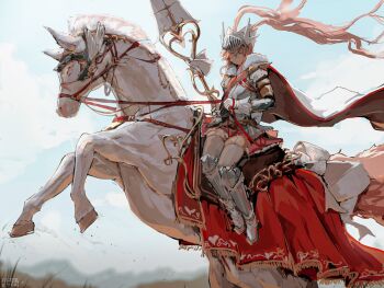 1boy alterkyon armor barding blue_sky blurry blurry_background cape chinese_zodiac cloud commentary day english_commentary from_below full_armor grass highres holding holding_polearm holding_weapon horse horseback_riding light_smile long_hair looking_to_the_side male_focus original outdoors pink_hair polearm red_cape red_eyes riding sitting sky solo tadakuni_(alterkyon) trap weapon wide_shot year_of_the_horse