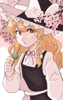 1girl absurdres black_hat black_skirt black_vest blonde_hair bow braid cherry_blossoms commentary_request dango eating flower food hair_bow hat hat_bow highres holding holding_skewer kirisame_marisa long_hair marione neck_ribbon pink_flower red_ribbon ribbon sanshoku_dango side_braid single_braid skewer skirt solo touhou vest wagashi watermark white_bow witch_hat yellow_eyes
