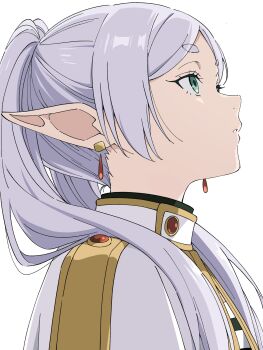 1girl capelet elf frieren from_side green_eyes grey_hair highres long_hair niyane parted_lips pointy_ears portrait profile shirt simple_background solo sousou_no_frieren striped_clothes striped_shirt thick_eyebrows twintails white_background white_capelet