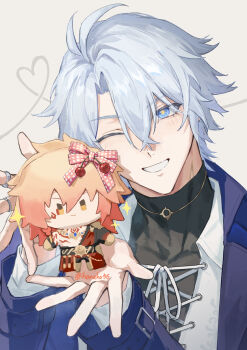 Rule 34 | 1boy, akabane yu, antenna hair, black shirt, blue coat, blue eyes, character doll, coat, doll, highres, holding, holding doll, honkai: star rail, honkai (series), layered sleeves, long sleeves, looking at viewer, male focus, mydei (honkai: star rail), official alternate costume, one eye closed, open clothes, open coat, parted bangs, phainon (honkai: star rail), phainon (nylon japan) (honkai: star rail), shirt, short hair, solo, turtleneck, turtleneck shirt, white hair, white shirt